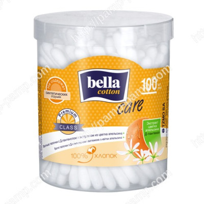 Ватні палички Bella Cotton Care, з Д-пантенолом та витяжкою з квітки апельсина, в круглій упаковці, 100 шт.